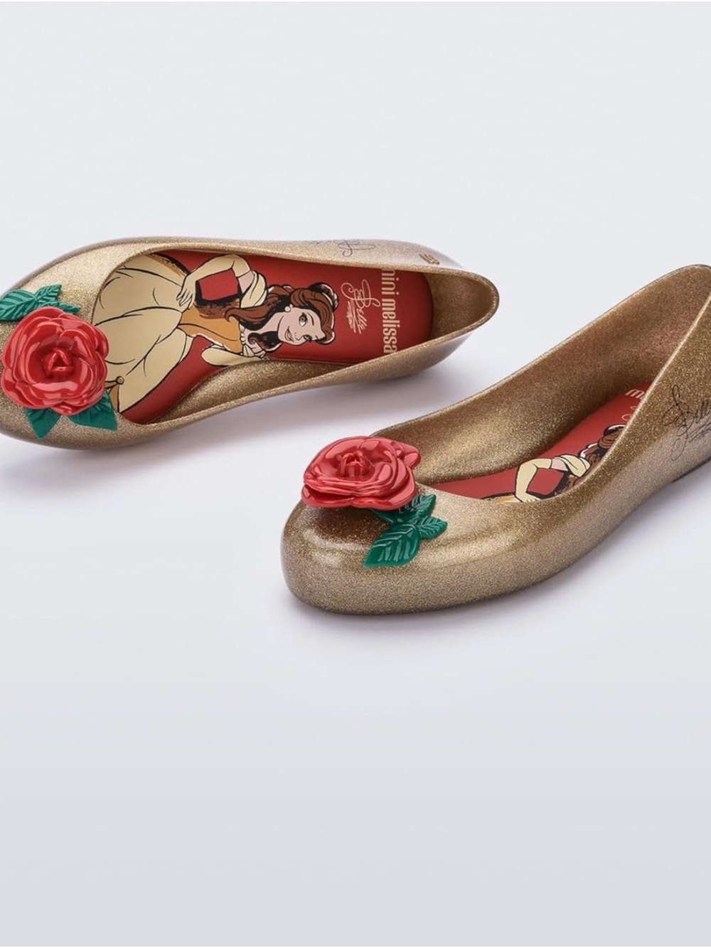 Mini Melissa Disney Gold Ballet Flats with Red Rose Accent